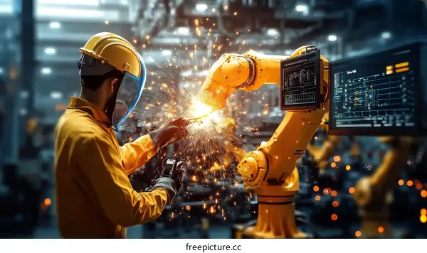 Industrial Worker and Robot Welding in a Factory