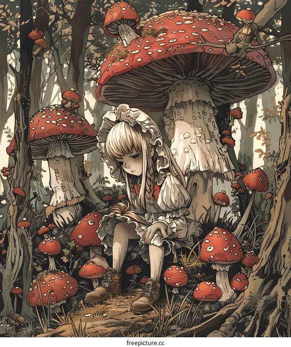 Girl Sitting Under Mushroom in Forest Illustration
