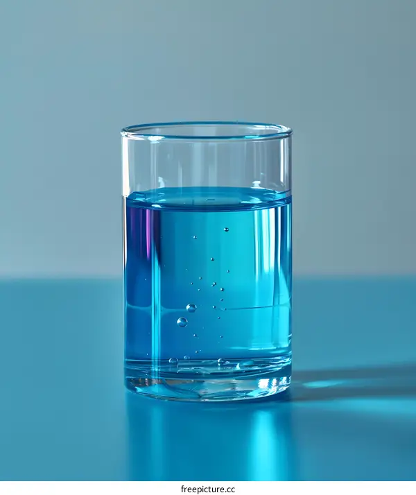glass half full of blue liquid