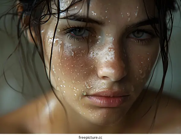 Close-up portrait of a young woman with wet face