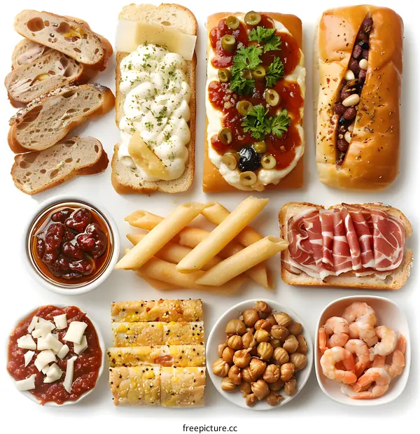 Various types of bread, pasta, cheese, and meat arranged on a white surface