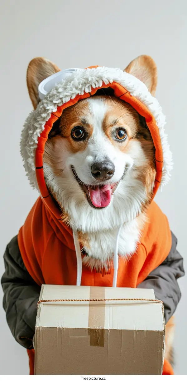 Dog in Hoodie Holding a Package