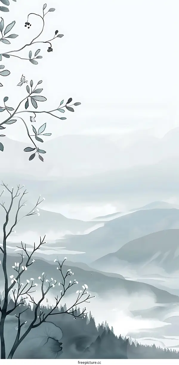 Minimalist Watercolor Painting of Mountain Range with Trees