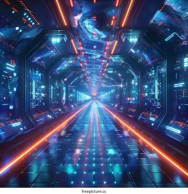 Futuristic spaceship interior with glowing lights and control panels