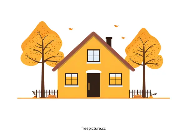 Autumn House with Yellow Trees Illustration