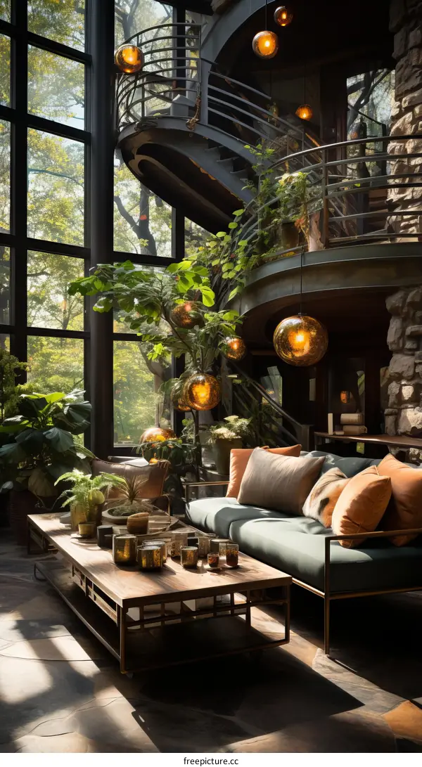 Stairway to the living room with a huge glass window