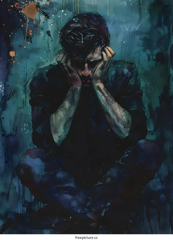 A dark-haired man sits on the floor with his hands on his head