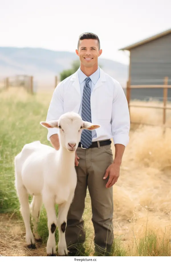 Young male veterinarian with goat