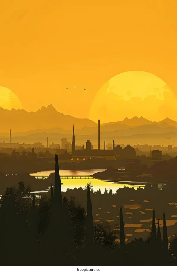 Silhouettes of a City Skyline and Mountains at Sunset with Two Large Yellow Spheres in the Sky