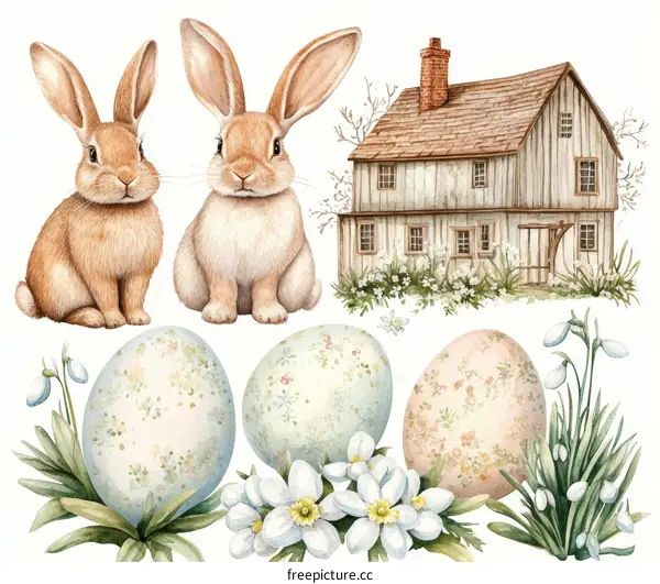 Cute Easter Rabbits with a Farmhouse and Eggs