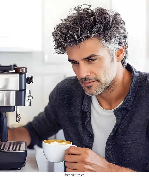 Man Making Coffee At Home With Espresso Machine