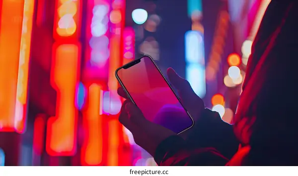 Person Using Smartphone at Night in City with Neon Lights