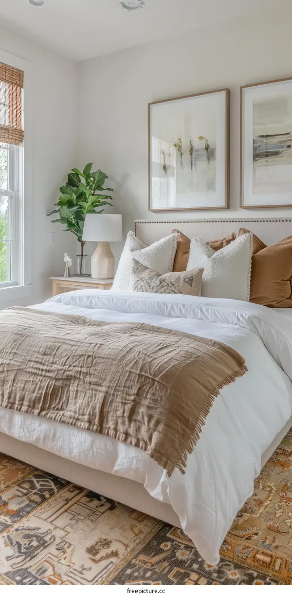 Cozy Bedroom Interior with Brown Blanket and White Pillows