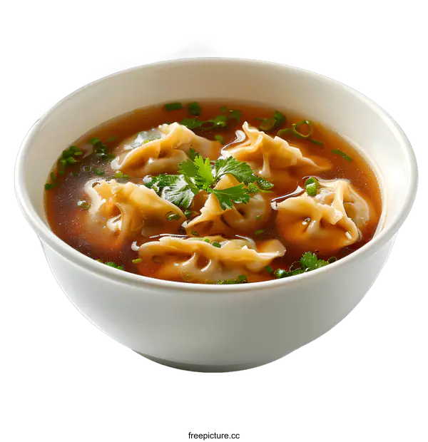 [Transparent Background PNG]A bowl of wontons in broth with parsley