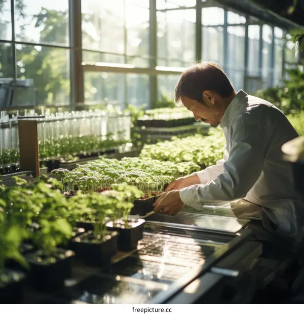 Male scientist examining young plants in greenhouse