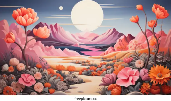 Pink Flowers and Plants Bathed in Moonlight