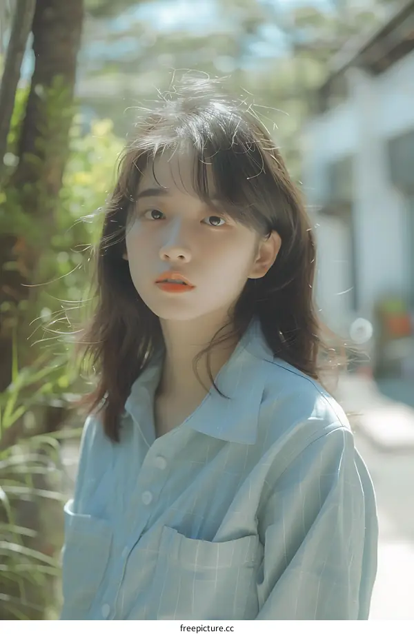 Asian Female Wearing Blue Striped Shirt