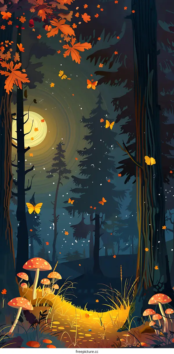 Autumn Forest Night with Butterflies and Mushrooms