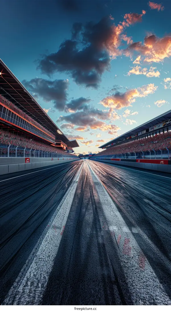 Formula One race track with empty grandstands at sunset