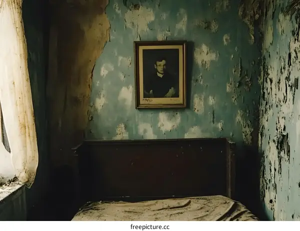 Old Framed Portrait on Wall in Abandoned House