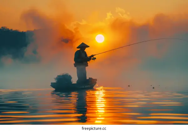 A fisherman in a boat on a lake at sunset