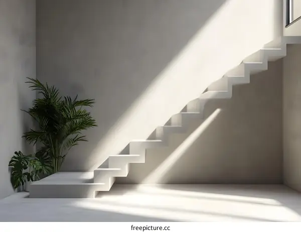 Minimalist White Staircase Design With Green Plants