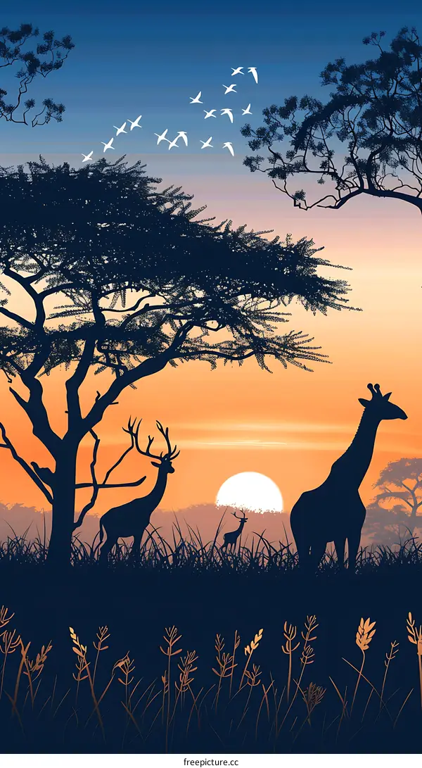 Sunset Silhouette of African Animals in the Savanna
