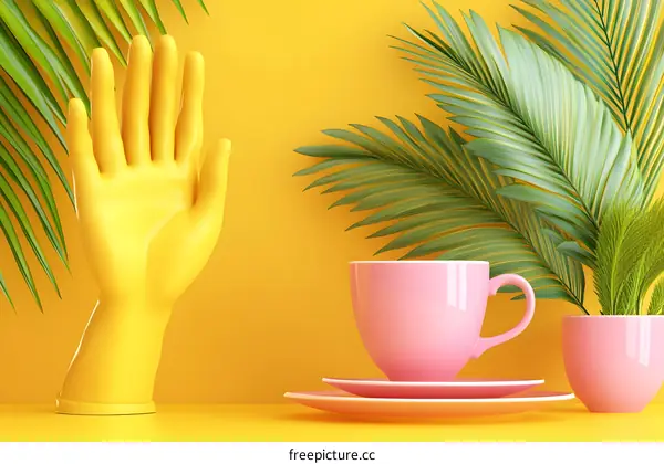 Yellow Hand with Palm Leaves and Pink Cup