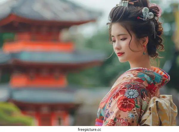 A beautiful Japanese woman wearing a kimono stands in front of a traditional Japanese temple.