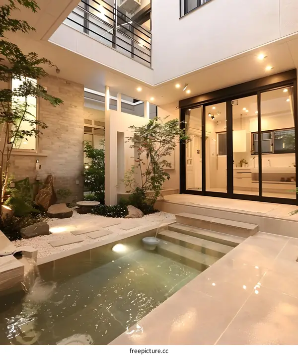 Modern Minimalist Courtyard with Small Pool and Stone Pathway