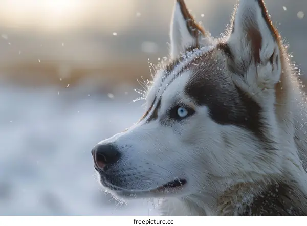 A close-up portrait of a Siberian Husky in the snow