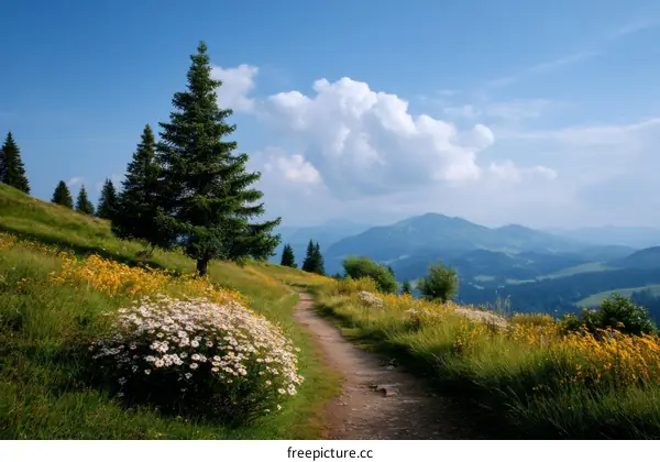 Mountain Trail Through Lush Meadow