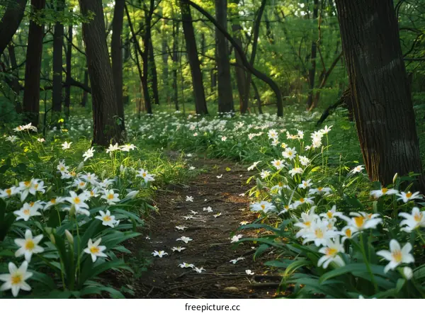 A Glimmering Pathway Through a Forest of White Flowers