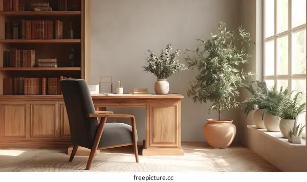 Cozy Home Office with Wooden Bookshelves and Plants