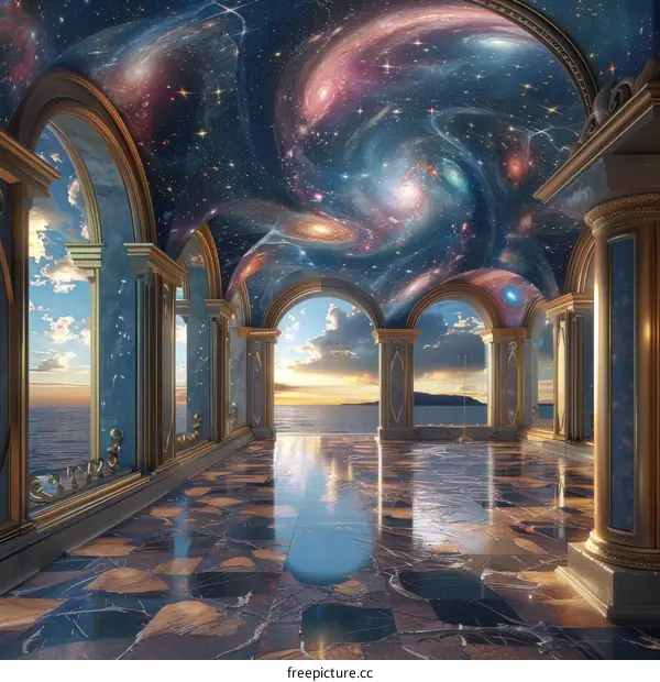 Surreal Hallway with Galaxy Ceiling