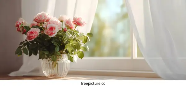 A Beautiful Bouquet of Pink Roses by the Window