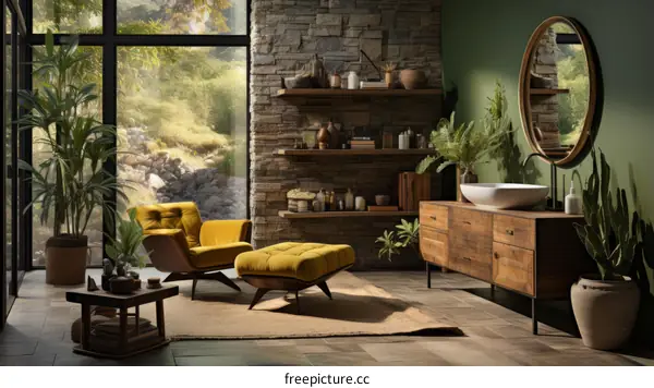 Modern bathroom interior with yellow armchair and green walls
