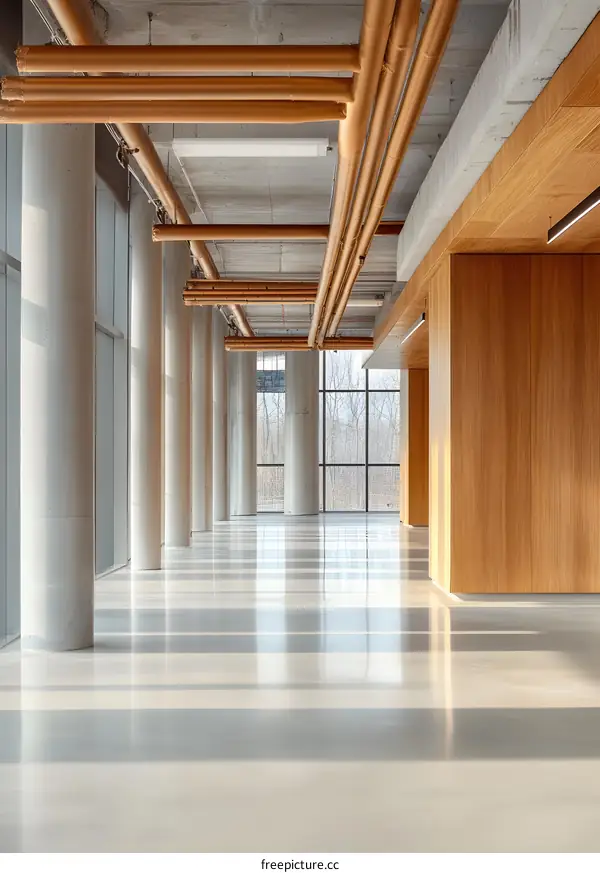 Modern Industrial Interior Design With Exposed Concrete Columns and Pipe