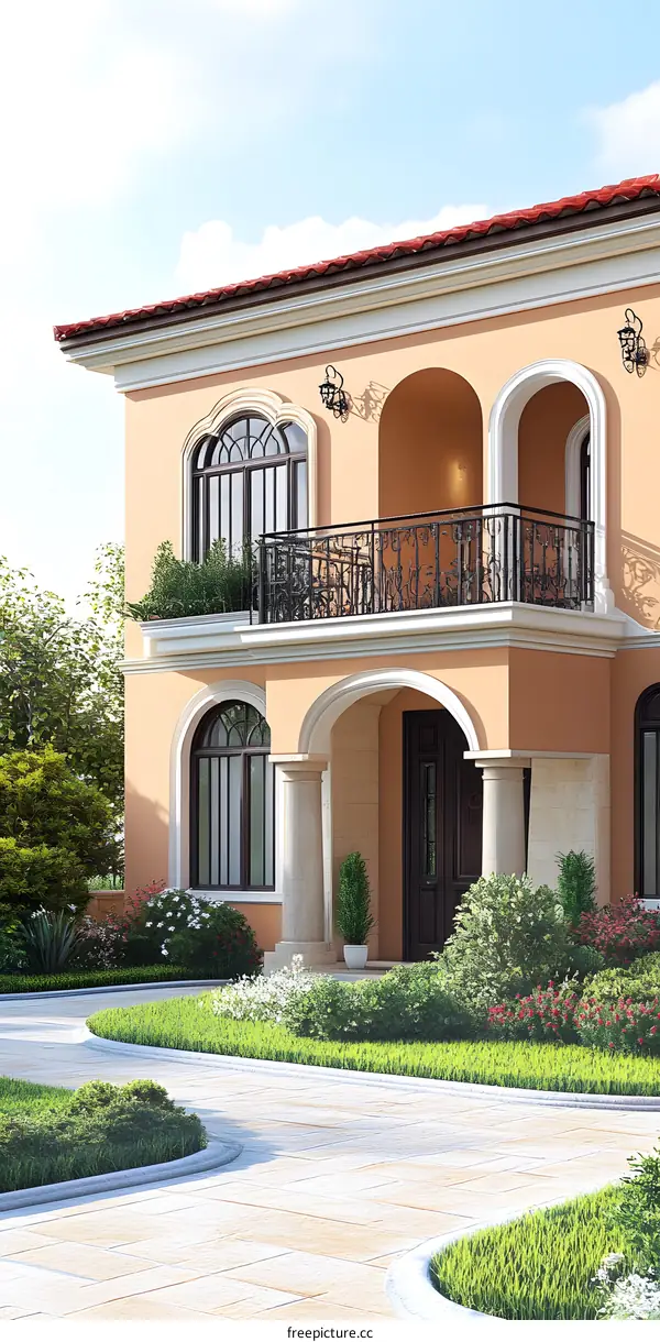 Beautiful Modern House With Green Grass And Plants