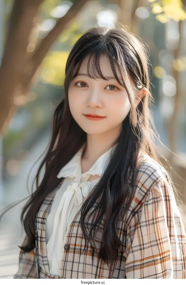Beautiful Asian Girl with Long Black Hair Wearing Plaid Shirt in Park
