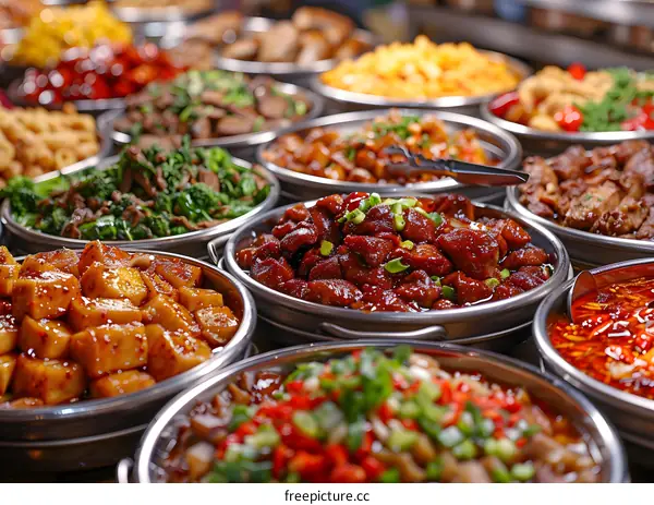 Close Up Shot of Various Chinese Dishes in a Street Food Market