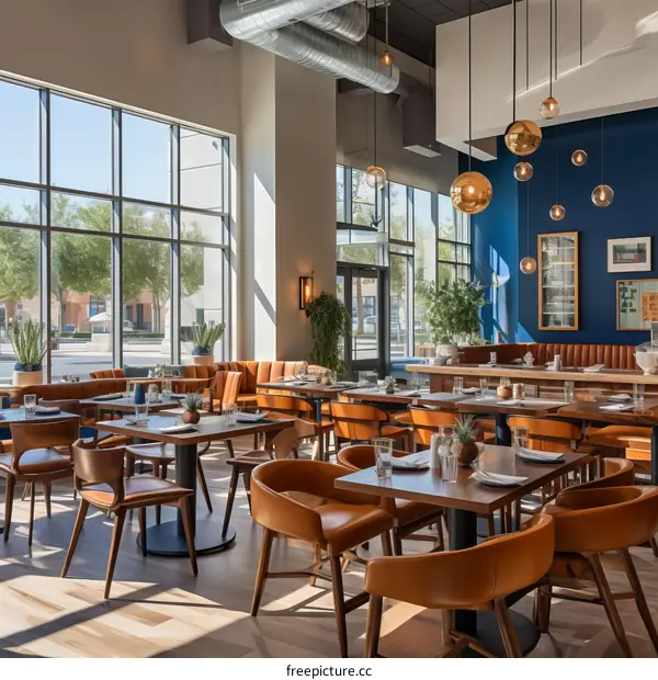 Modern restaurant interior with large windows and blue accent wall