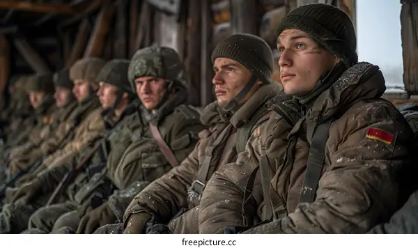 A group of soldiers are sitting in a room.