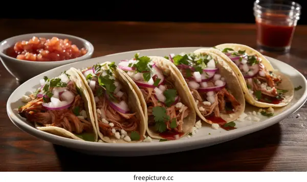A plate of Mexican tacos with pork, cheese, onion and cilantro