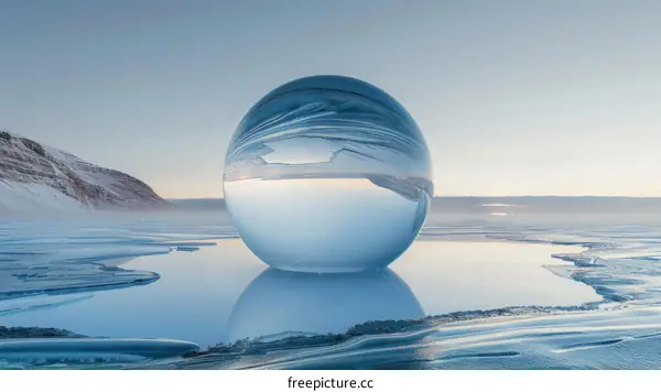 A glass ball sits on a frozen lake, reflecting the sky and clouds.