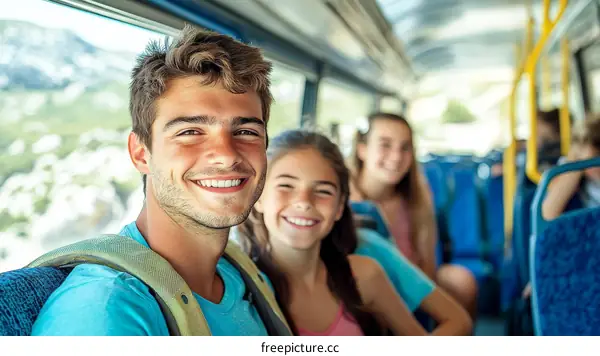Happy Teenagers Traveling by Bus