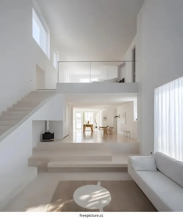 Modern Minimalist Interior Design Of A White House With A Staircase And Large Windows