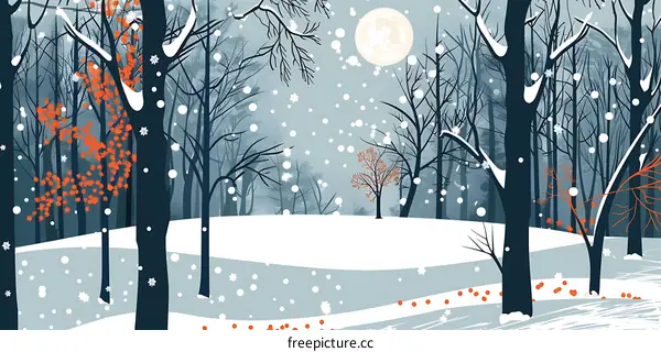 Winter Forest Landscape with Snow and Full Moon