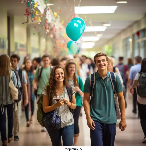 Happy students walking in the hallway