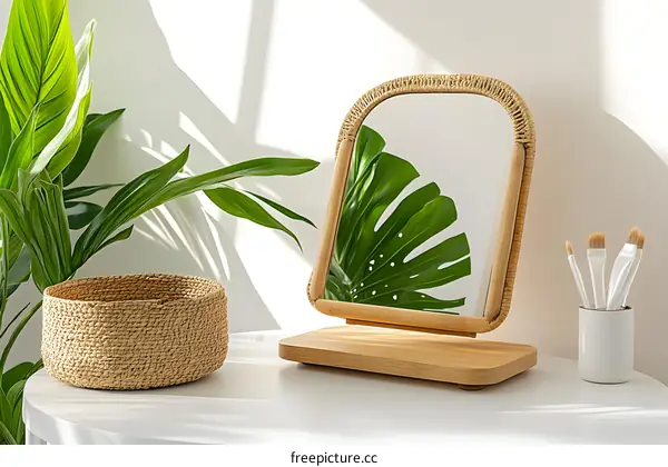 Wooden Mirror with Rattan Frame and a Green Plant on a White Table